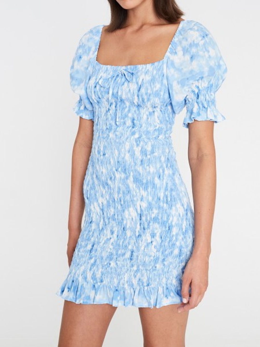 Faithfull the Brand Blue Floral Smocked Puff Sleeve Mini Dress Small